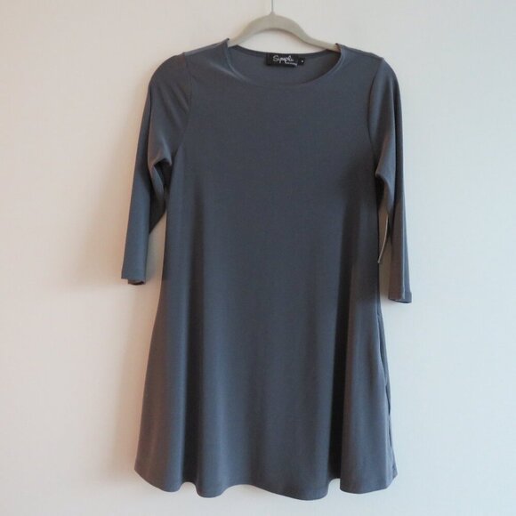 SYMPLI Trapeze Tunic 3/4 Sleeve Stretch Lagenlook in Melange Gunmetal US 4 NWT - Picture 2 of 13